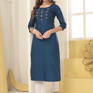 Embroidered Silk Casual Kurti in Blue