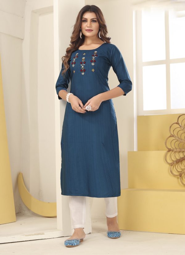Embroidered Silk Casual Kurti in Blue