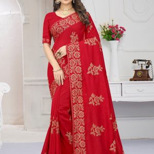 Embroidered Vichitra Silk Saree in Red