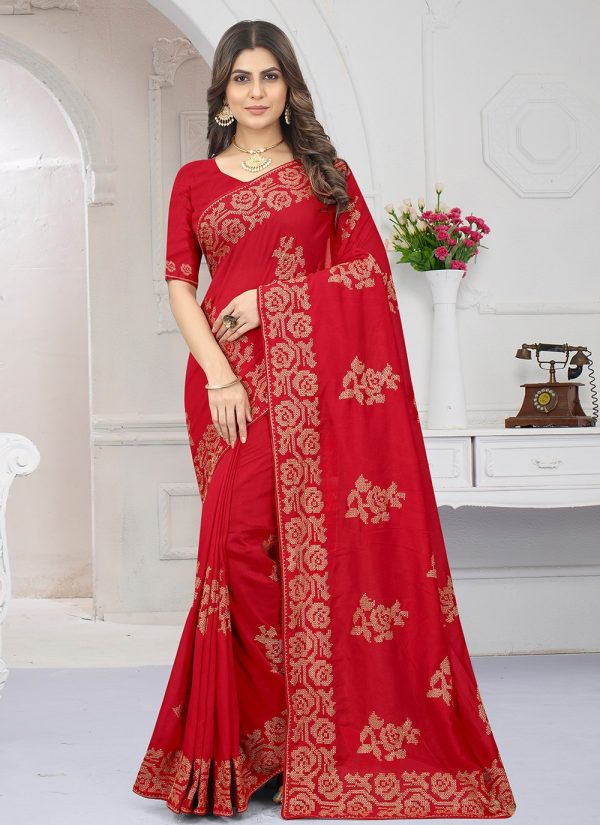 Embroidered Vichitra Silk Saree in Red
