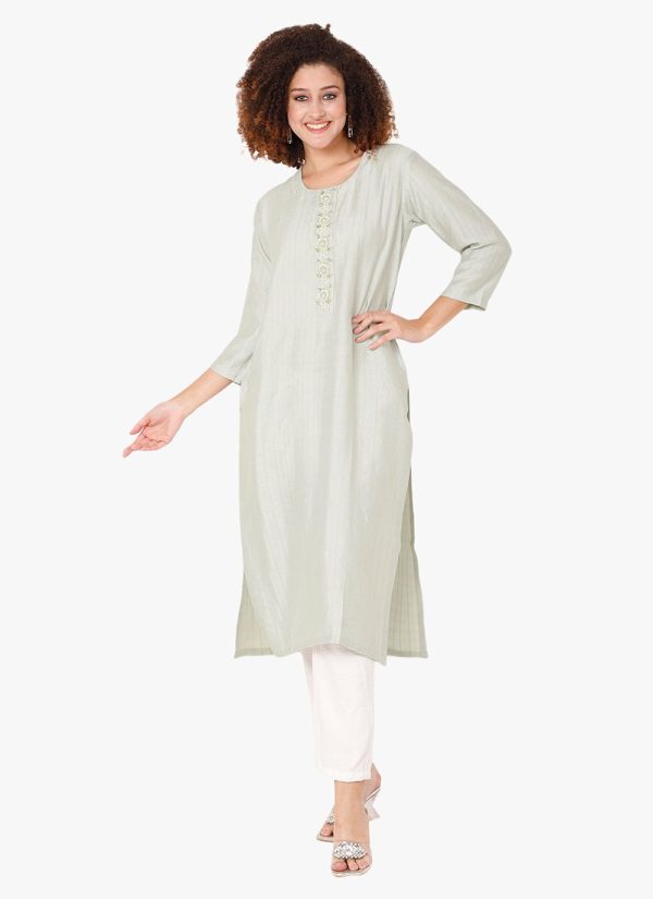 Embroidered Work Cotton Silk Designer Kurti In Silver