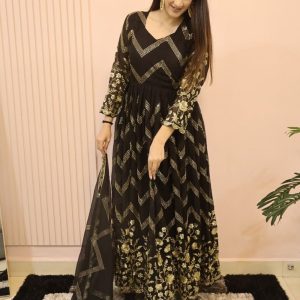 Embroidered Work Faux Georgette Designer Gown In Black