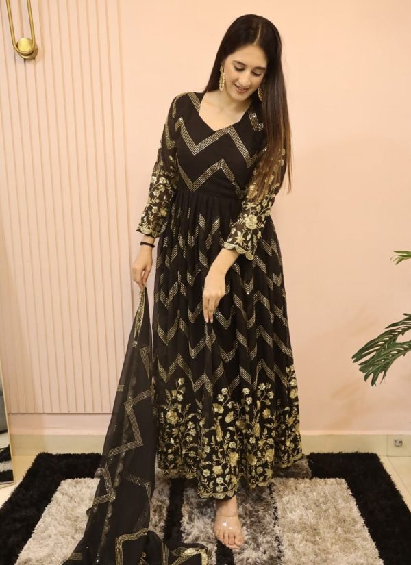 Embroidered Work Faux Georgette Designer Gown In Black