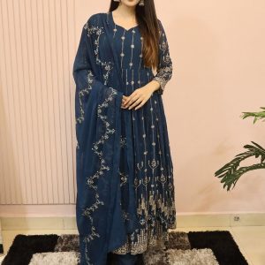 Embroidered Work Faux Georgette  Designer Gown In Blue for Ceremonial