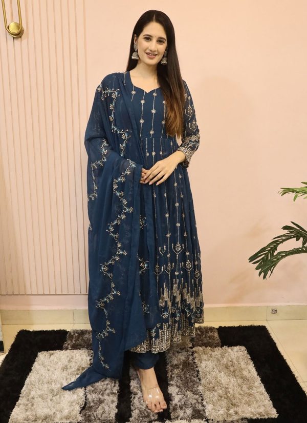 Embroidered Work Faux Georgette  Designer Gown In Blue for Ceremonial