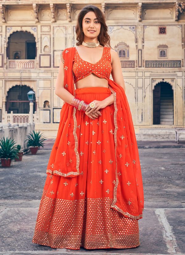 Embroidered Work Georgette Lehenga Choli In Orange