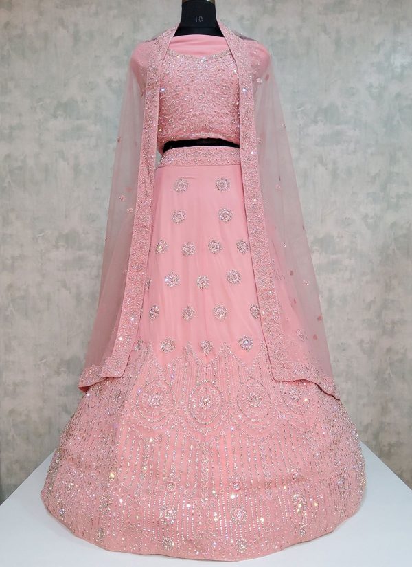 Embroidered Work Georgette Lehenga Choli In Peach