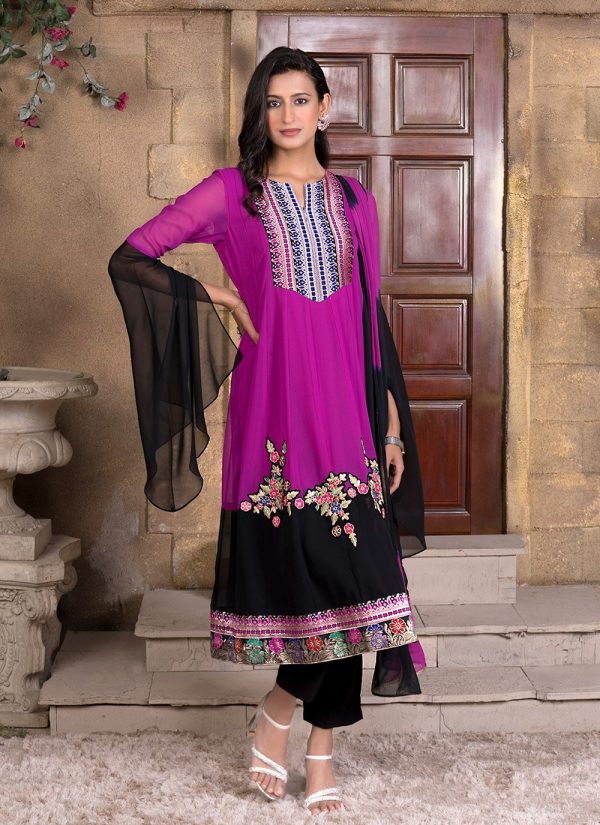 Embroidered Work Georgette Pant Style Suit In Magenta