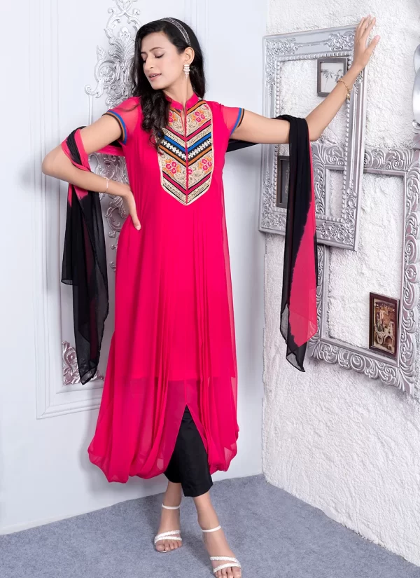 Embroidered Work Georgette Pant Style Suit In Pink for Ceremonial