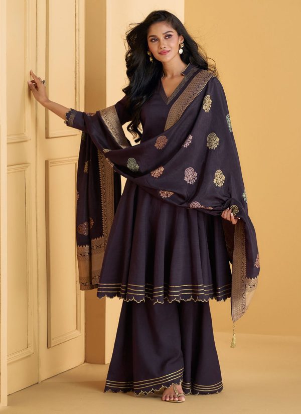 Embroidered Work Pure Silk Readymade Salwar Suit In Purple
