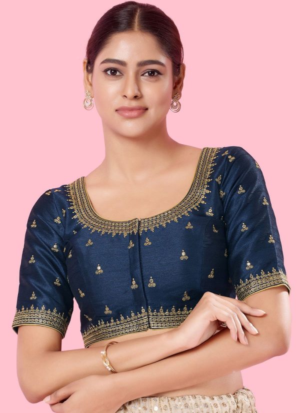 Embroidered Work Silk Blouse In Blue for Ceremonial