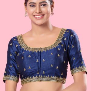 Embroidered Work Silk Blouse In Blue for Ceremonial