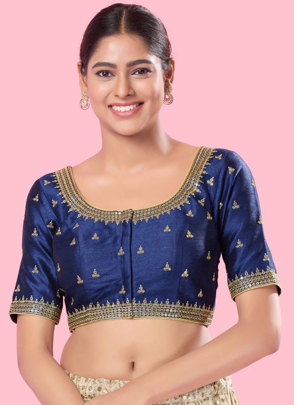 Embroidered Work Silk Blouse In Blue for Ceremonial