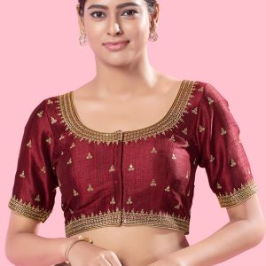 Embroidered Work Silk Blouse In Maroon for Ceremonial