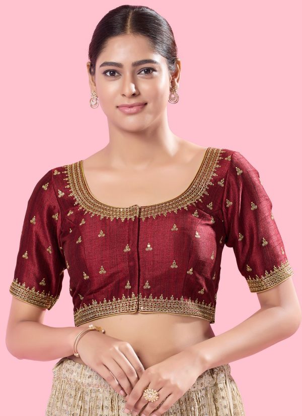 Embroidered Work Silk Blouse In Maroon for Ceremonial