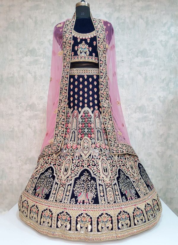 Embroidered Work Velvet Lehenga Choli In Blue