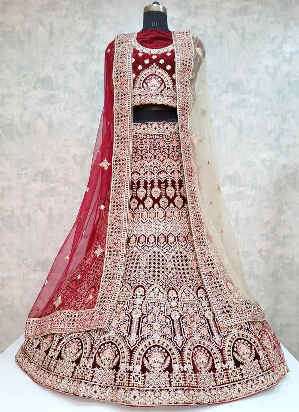 Embroidered Work Velvet Lehenga Choli In Maroon
