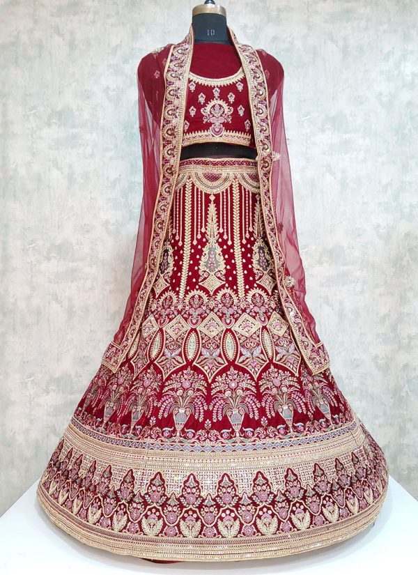 Embroidered Work Velvet Lehenga Choli In Maroon