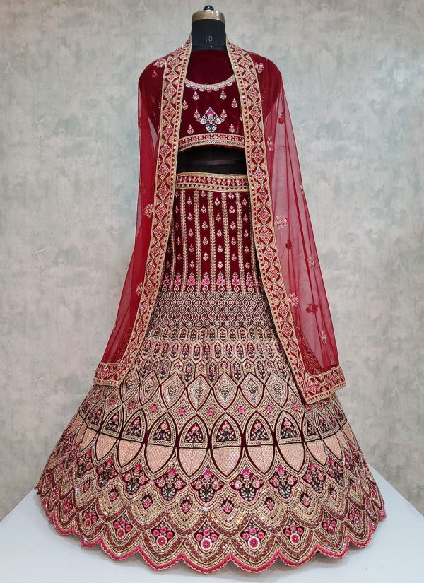 Embroidered Work Velvet Lehenga Choli In Maroon for Bridal