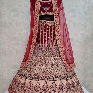 Embroidered Work Velvet Lehenga Choli In Maroon for Bridal