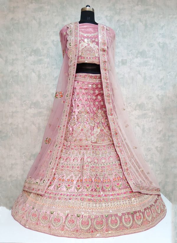 Embroidered Work Velvet Lehenga Choli In Pink