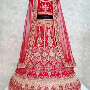 Embroidered Work Velvet Lehenga Choli In Red for Mehndi