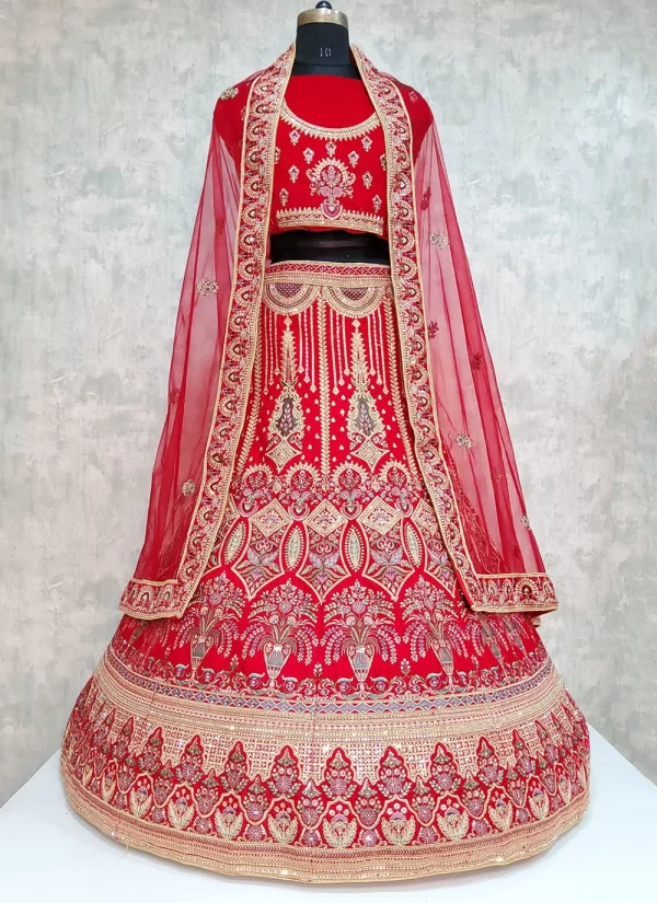 Embroidered Work Velvet Lehenga Choli In Red for Mehndi