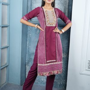 Especial Maroon Handloom Silk Pant Style Suit with Embroidered, Resham and Swarovski Work