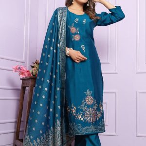 Exciting Blue Silk Readymade Salwar Suit with Hand Work