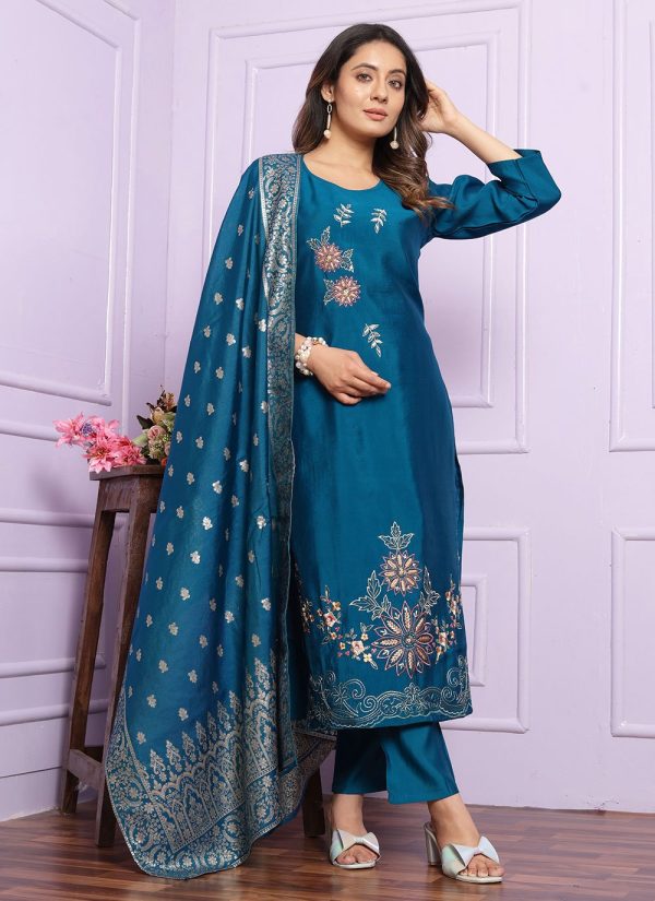 Exciting Blue Silk Readymade Salwar Suit with Hand Work