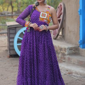 Faux Georgette Designer Gown with Mirror, Patch Border and Print Work