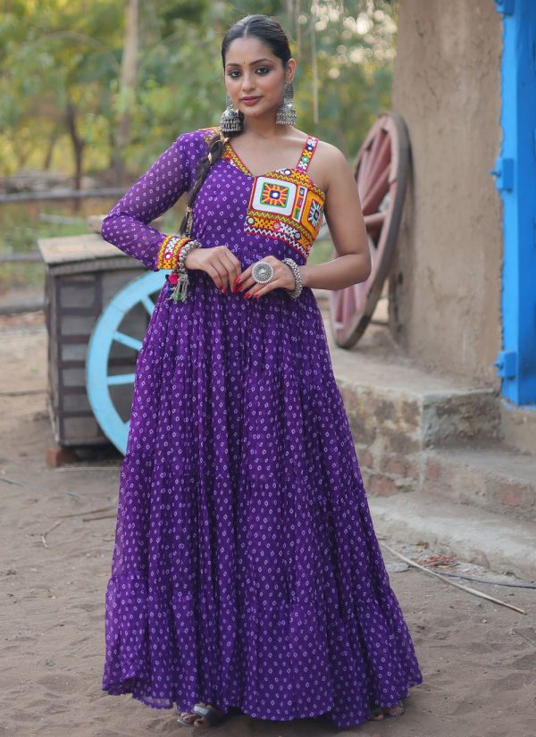 Faux Georgette Designer Gown with Mirror, Patch Border and Print Work