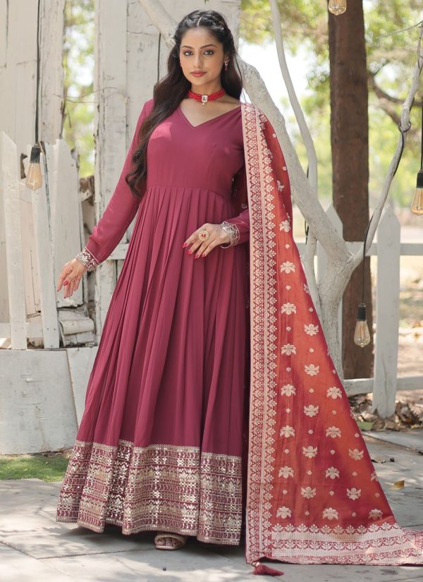 Faux Georgette Gown In Hot Pink