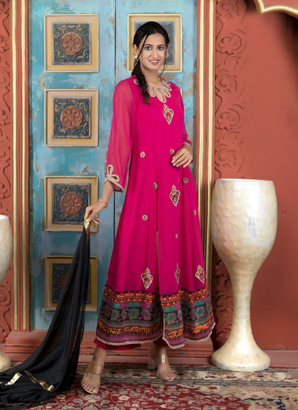 Georgette Palazzo Salwar Suit with Patch Border, Hand and Print Work