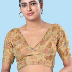Gold Brocade Print Work Designer Blouse for Women