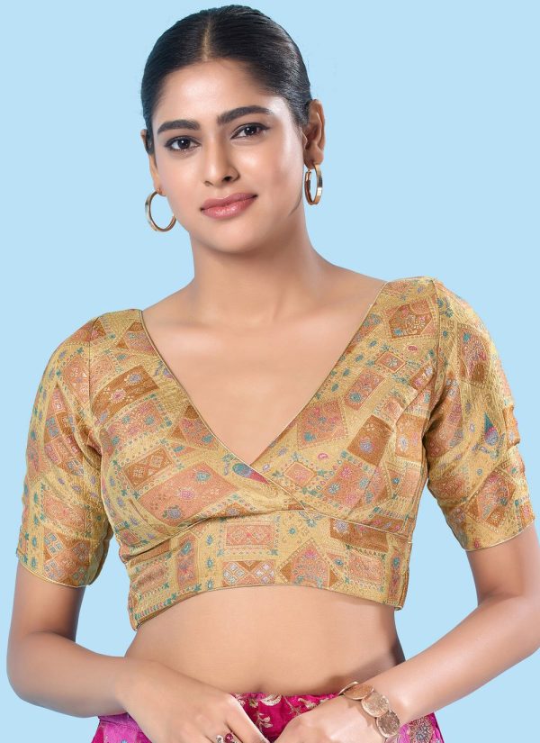 Gold Brocade Print Work Designer Blouse for Women