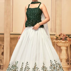 Green and White Georgette Embroidered Work Lehenga Choli for Ceremonial