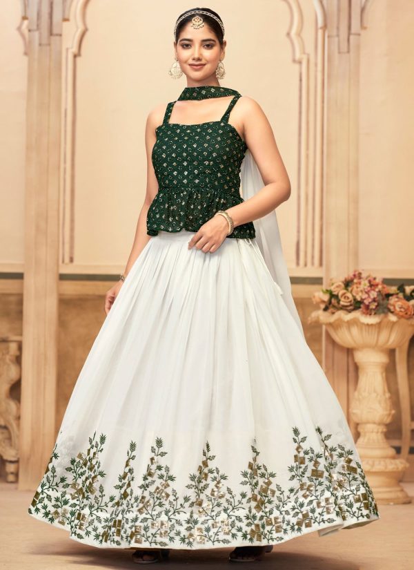 Green and White Georgette Embroidered Work Lehenga Choli for Ceremonial