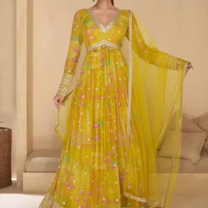 Green and Yellow Georgette  Designer Gown