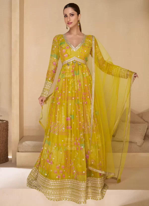 Green and Yellow Georgette  Designer Gown