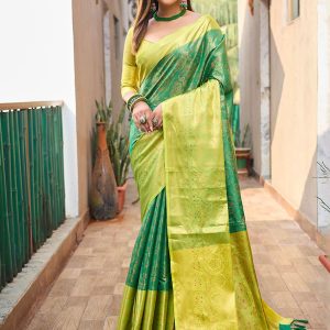 Green and Yellow Kanjivaram Silk Trendy Saree with Woven Work for Ceremonial