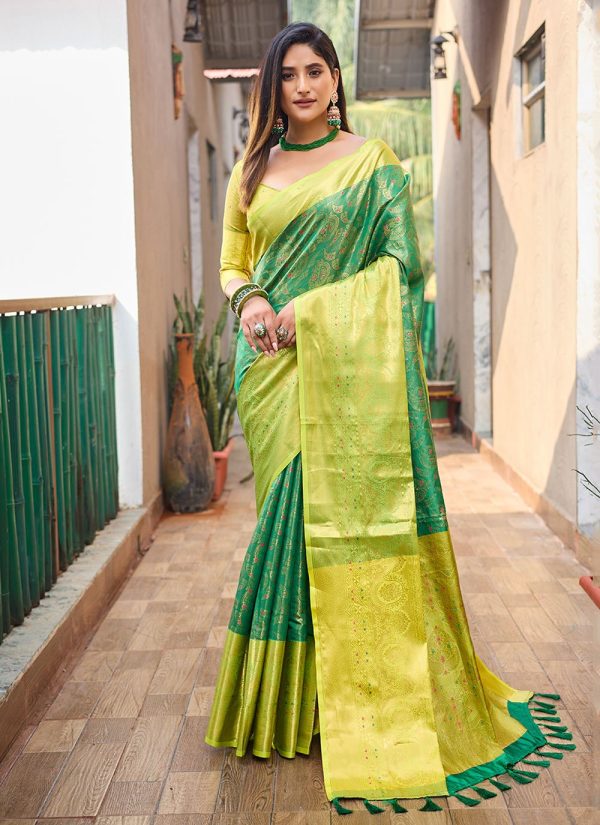 Green and Yellow Kanjivaram Silk Trendy Saree with Woven Work for Ceremonial