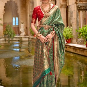 Green Banarasi Silk Trendy Saree with Jacquard and Weaving Work for Ceremonial