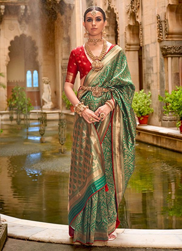 Green Banarasi Silk Trendy Saree with Jacquard and Weaving Work for Ceremonial