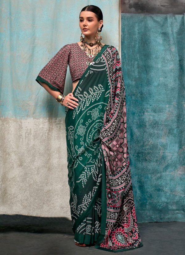 Green Crepe Silk Print Work Classic Saree for Casual