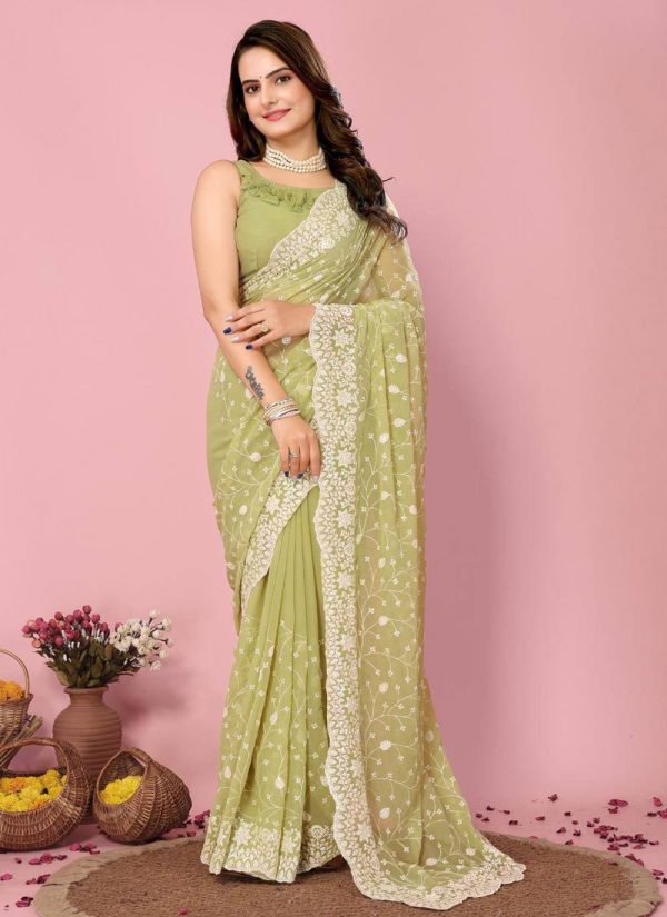 Green Georgette Traditional Saree with Embroidered Work for Ceremonial