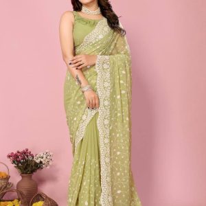 Green Georgette Traditional Saree with Embroidered Work for Ceremonial