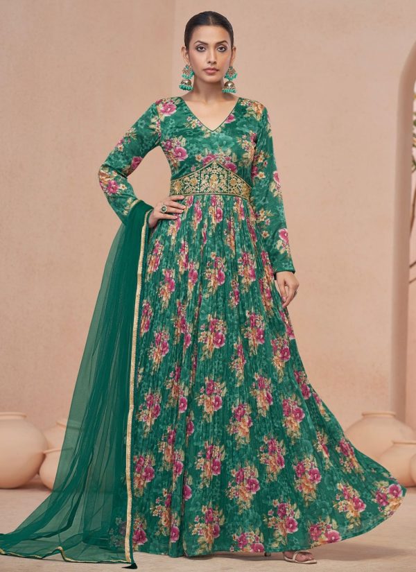 Green Net Gown with Hand and Print Work for Women