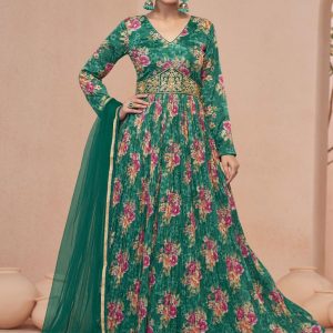 Green Net Gown with Hand and Print Work for Women