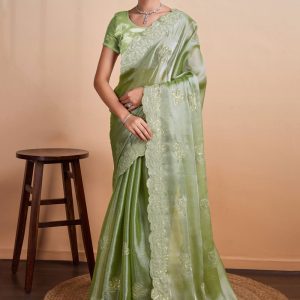 Green Organza Contemporary Saree with Patch Border, Cut, Embroidered and Sequins Work for Casual